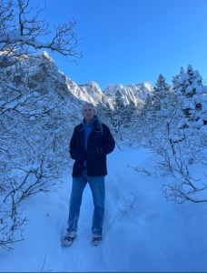 Old Hiking Dude hiking Bell Canyon in snow