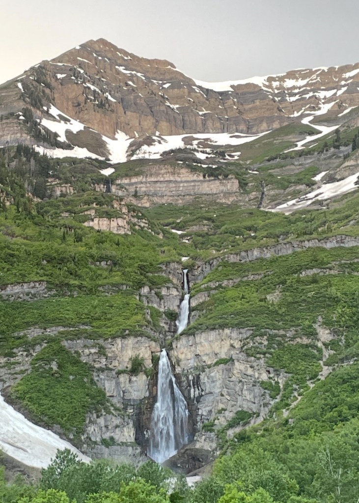 Milty-tiered Stewart Falls below the south end of Mt.Timpanogos