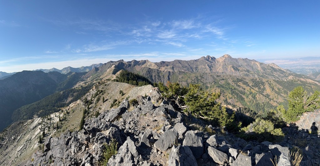 Looking north from Kessler Peak toward the peaks above Little Cottonwood Canyon