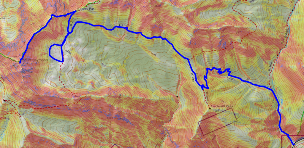 Raymond hike route with slope angle shading