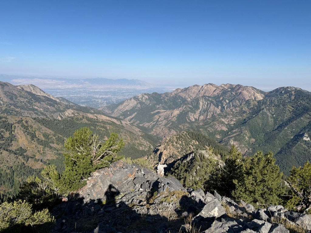 Looking down Big Cottonwood Canyon at the Sale Lake valley from the Kessler Peak summit