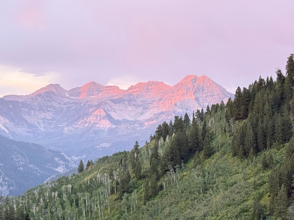 View of Mt. Timpanogos at sunrise from the trail to Silver Lake, Utah