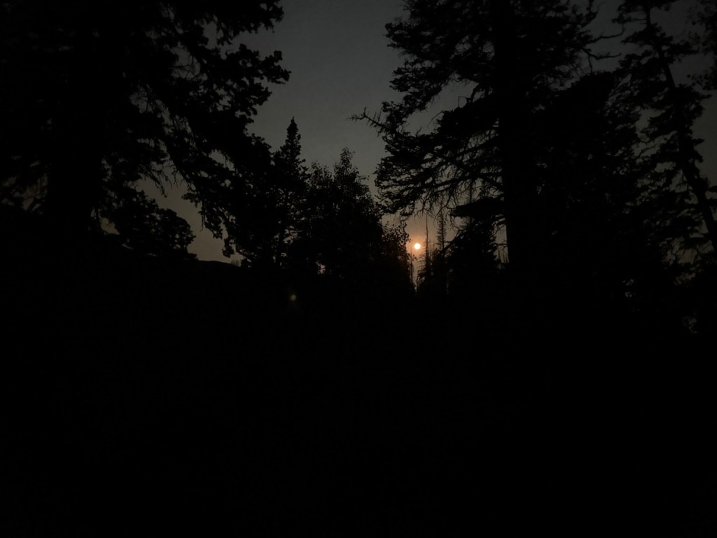 The moon glowing above the trail to Mt. Nebo