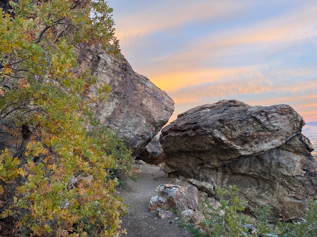 Approaching boulders on the Bonneville Shoreline Trail