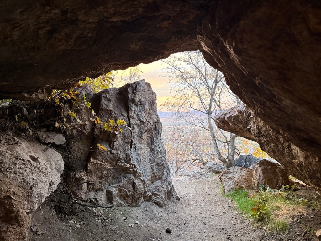 Tunnel beneath boulders on the Bonneville Shoreline Trail