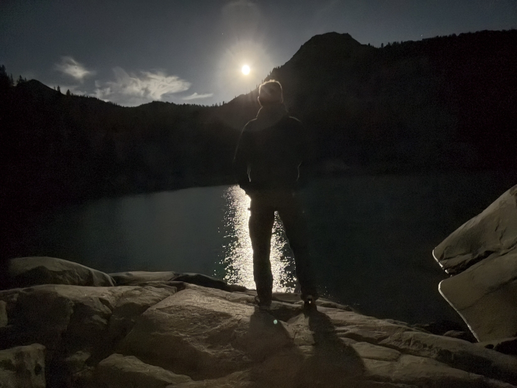 Old Hiking Dude (Sam Chapman) and full moon at Lake Mary