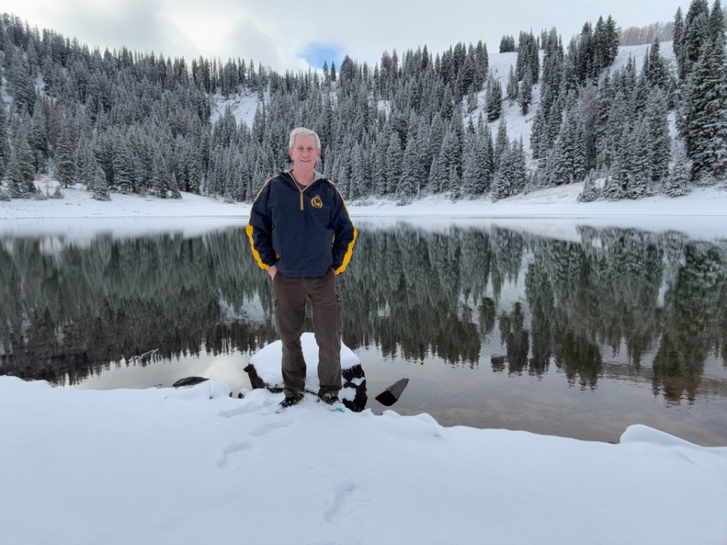 Old Hiking Dude at Desolation Lake in the snow