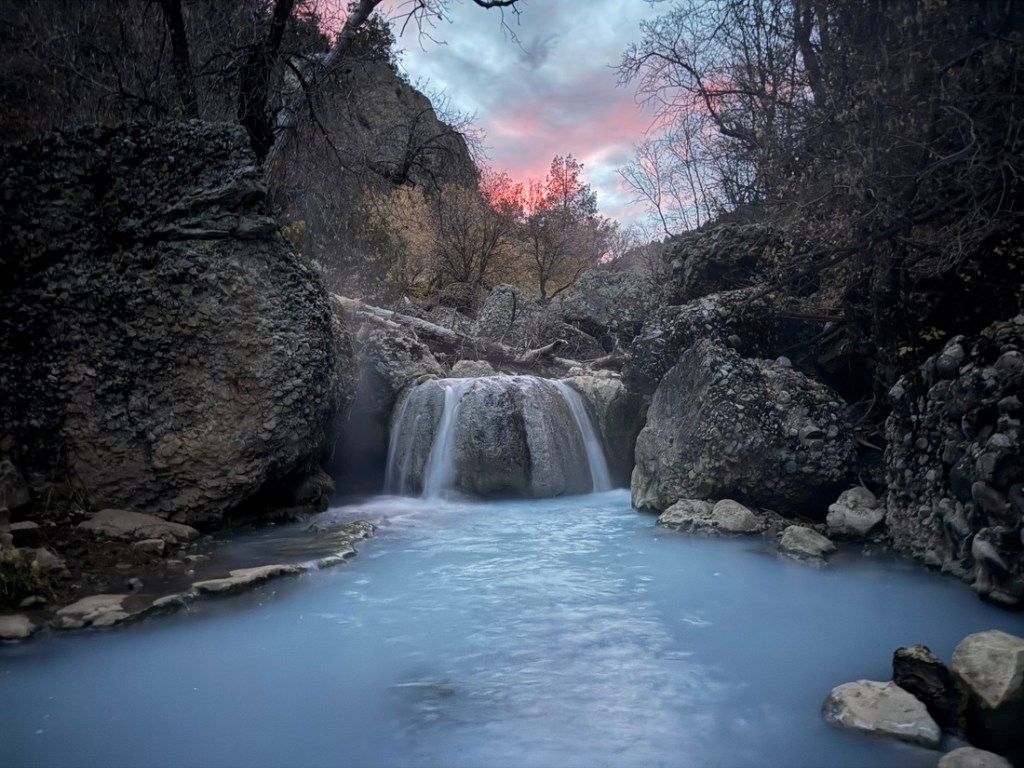 Waterfall just before sunrise at Fifth Water Hot Springs