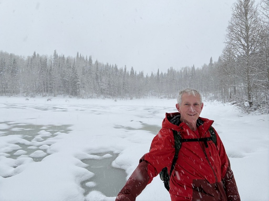 Old Hiking Dude at snowy and slushy Dog Lake