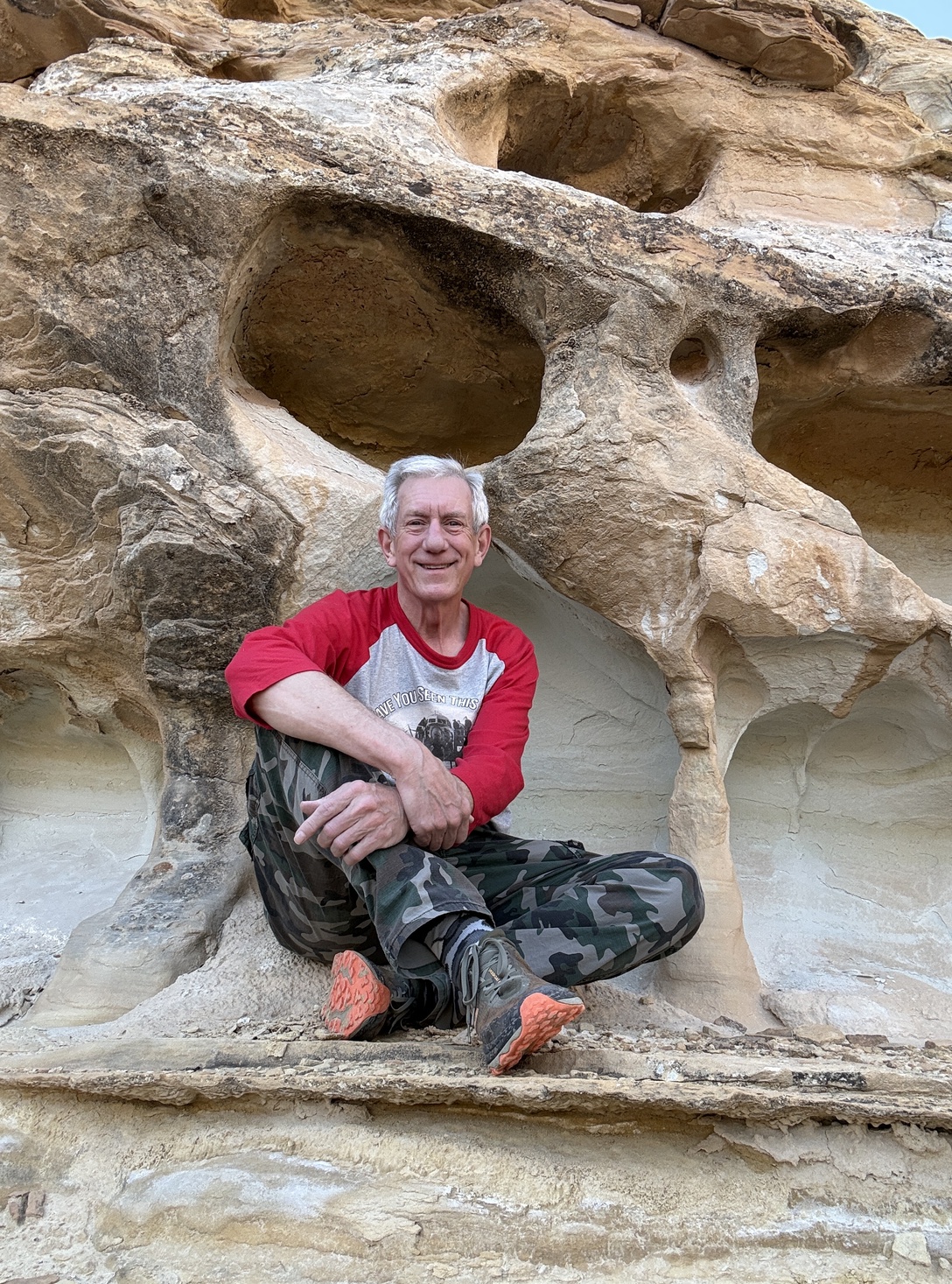 Old Hiking Dude relaxing in Little Wild Horse Canyon Utah
